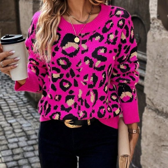 . Sweaters - Hot Pink Casual Womens Leopard Pattern Drop Shoulder Sweater